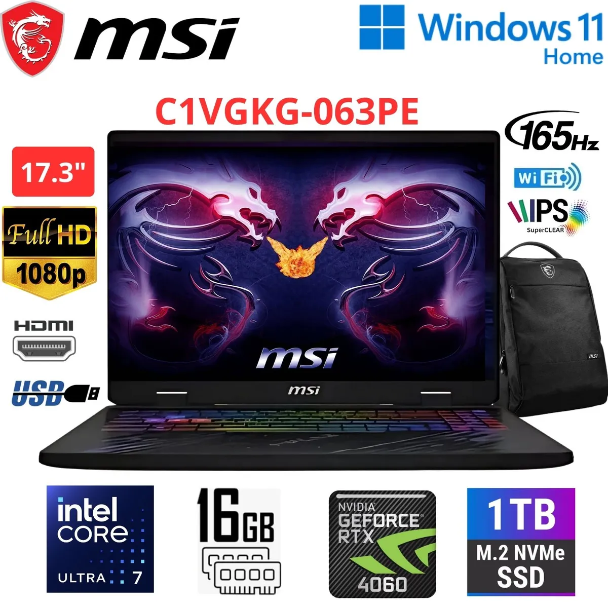 Msi - Laptop Gamer MSI PULSE 17 AI C1VGKG Core Ultra 7-155H 16GB RAM,1TB,GeForce RTX4070 8GB,17.3″ W11H + mochila