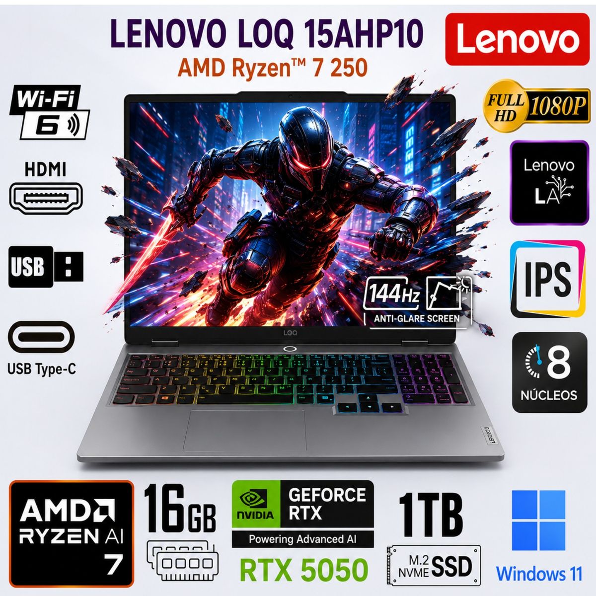 LENOVO - Laptop Lenovo LOQ 15ARP10E AMD Ryzen 7 7735HS 16GB RAM 512GB SSD RTX 4050-6GB 15.6" FHD  83JG0045CC