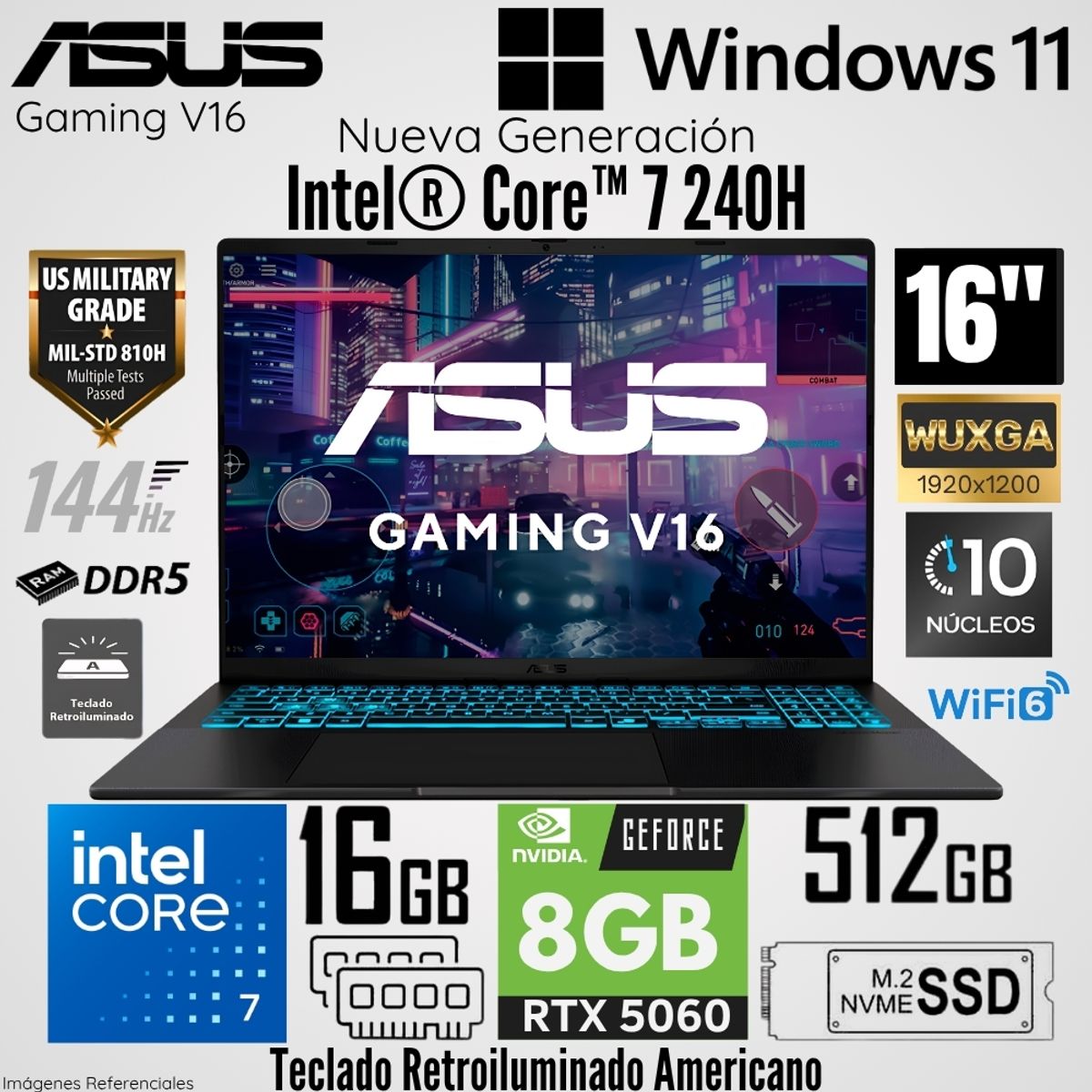 ASUS - Laptop Asus Gaming V16 V3607VM-ES74 Intel Core 7 240H 16GB RAM 512GB SSD RTX 5060-8GB 16"  WUXGA