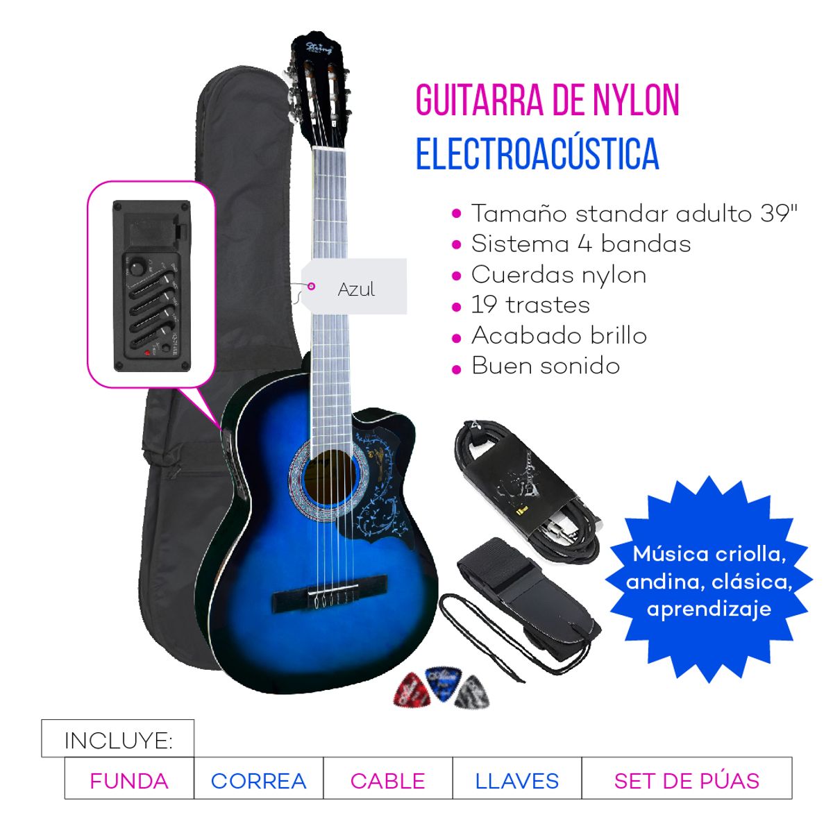 STRING GUITARS - GUITARRA ELECTROACUSTICA NYLON AZUL