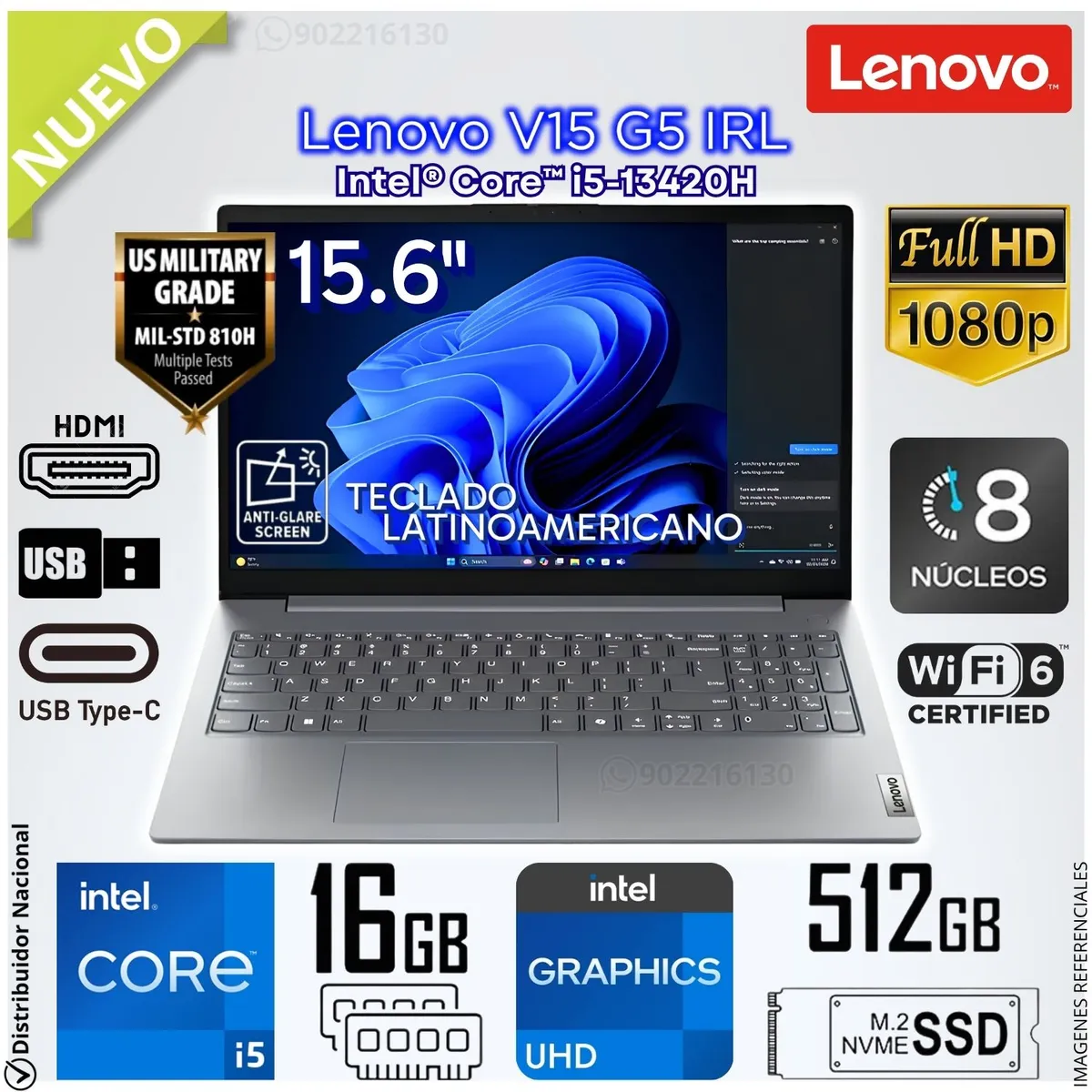 LENOVO - Laptop Notebook Lenovo V15 G5 IRL 15.6 FHD 60Hz Intel® Core™ i5-13420H 16GB RAM 512GB SSD 83GW005JLD