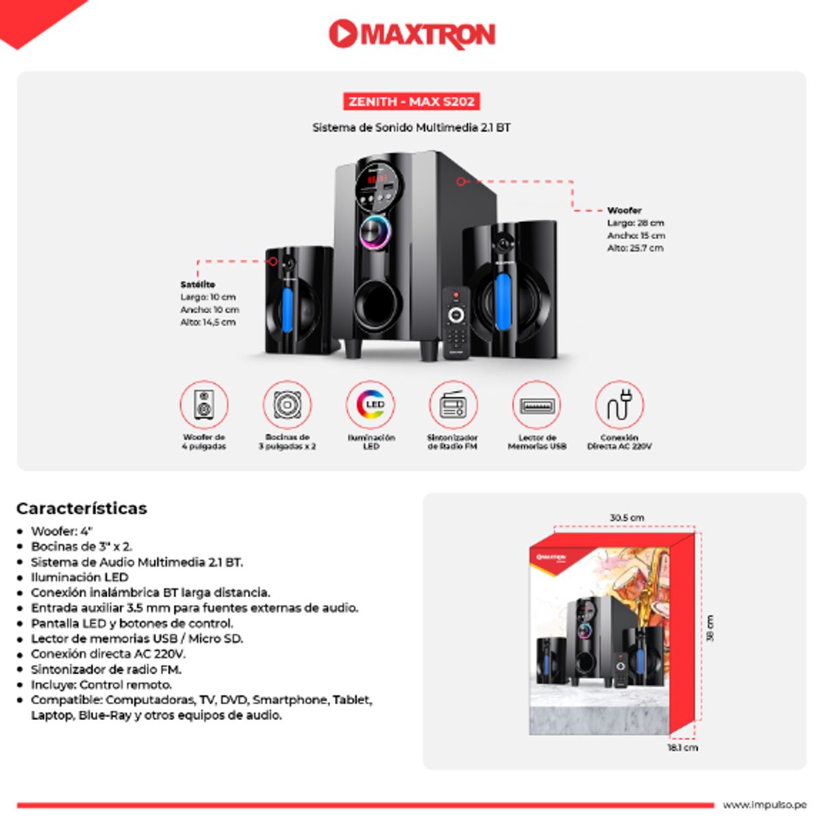 MAXTRON - Sistema De Audio ZENITH MAX 2S02 FM USB RC MAXTRON