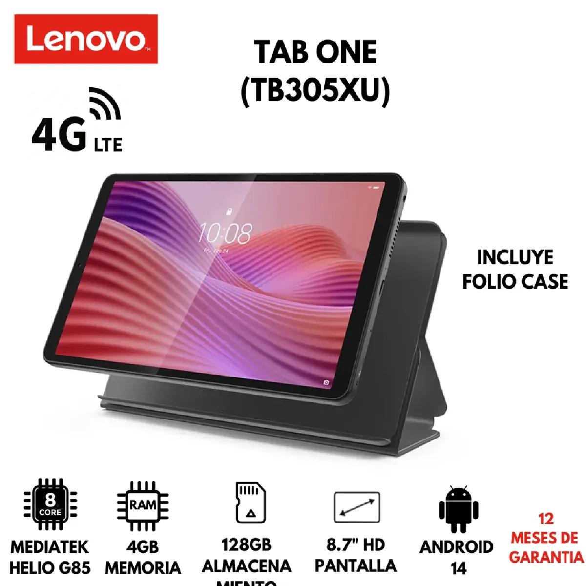 LENOVO - Tablet Lenovo Tab One 4GB RAM 128GB 8.7” HD LTE Android 14 + Folio Case