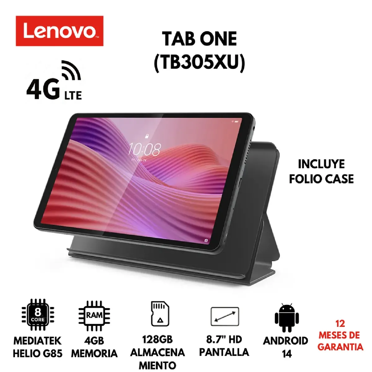LENOVO - Tablet Lenovo Tab One 4GB RAM 128GB 8.7” HD LTE Android 14 + Folio Case