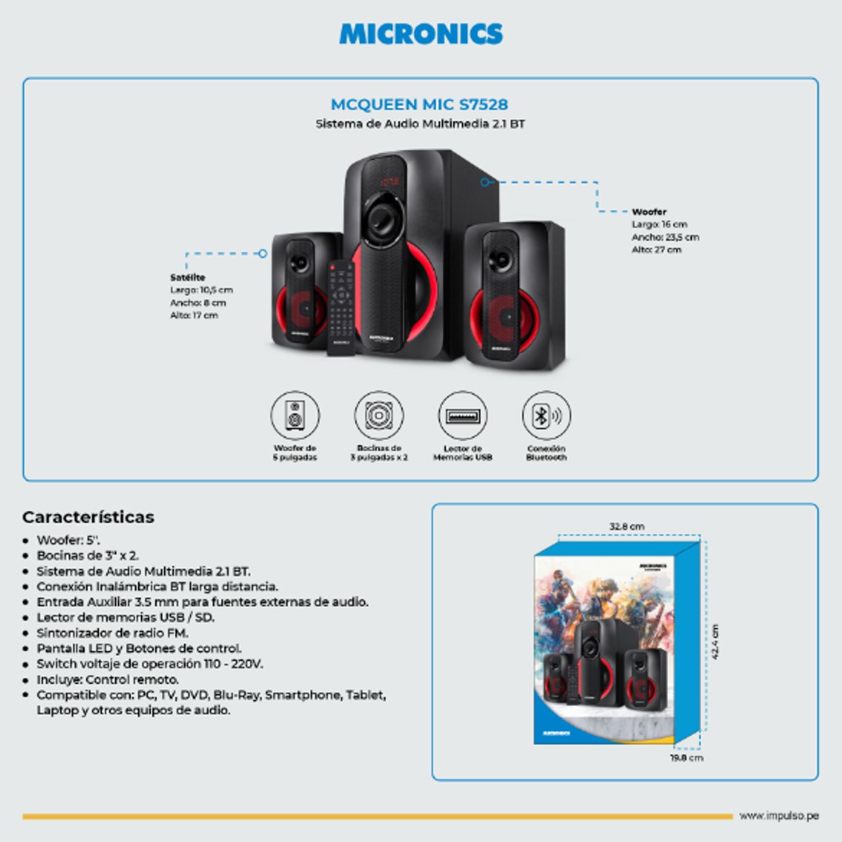 MICRONICS - Sistema De Audio MCQUEEN MIC S7528 FM USB RC MICRONICS