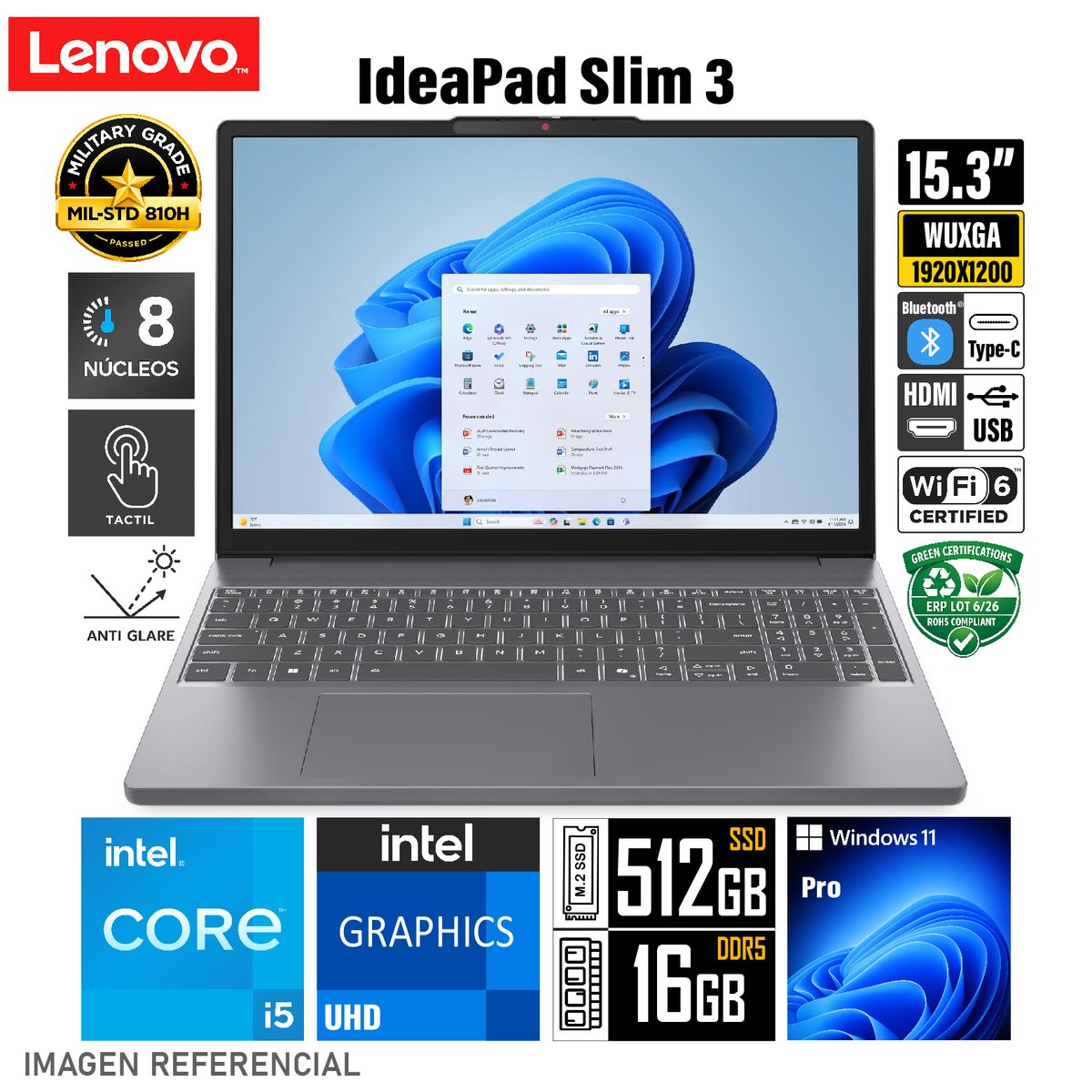 LENOVO - Laptop IdeaPad Slim 3 15IRH10 (Pantalla TACTIL 15.3" WUXGA) Intel Core i5-13420H RAM 16GB SSD 512GB