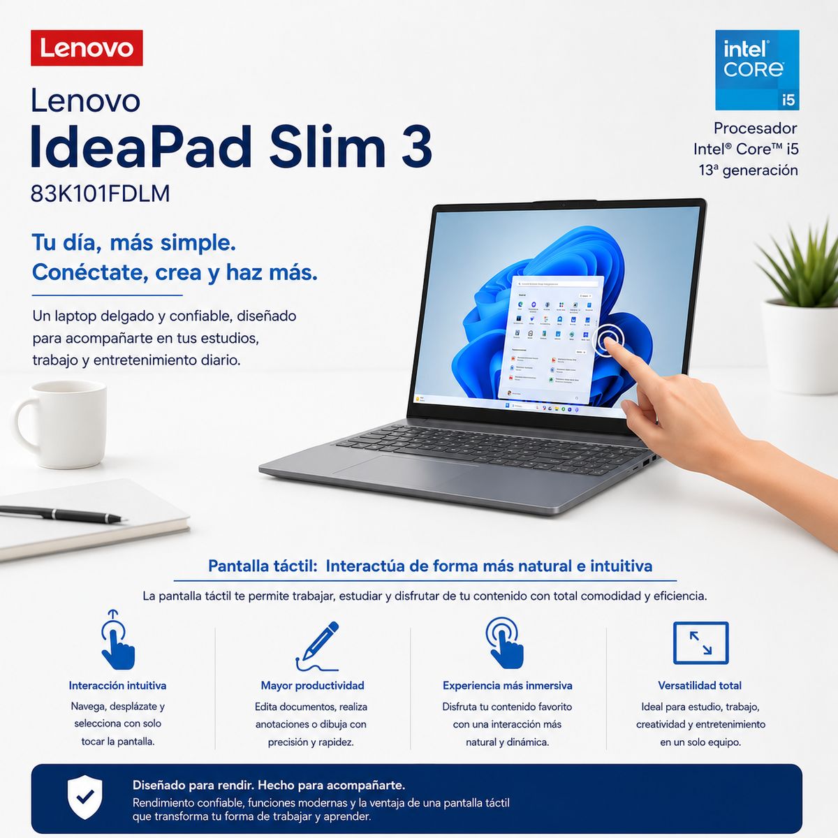 LENOVO - Laptop IdeaPad Slim 3 15IRH10 (Pantalla TACTIL 15.3" WUXGA) Intel Core i5-13420H RAM 16GB SSD 512GB