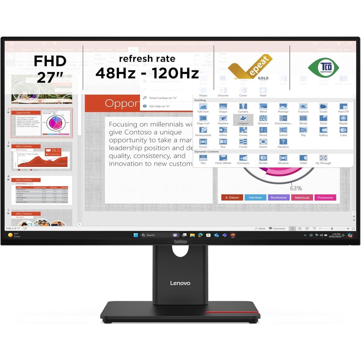 LENOVO - Monitor Lenovo ThinkVision T27-40, 27 WLED FHD IPS, 120Hz, 4ms, Pivote