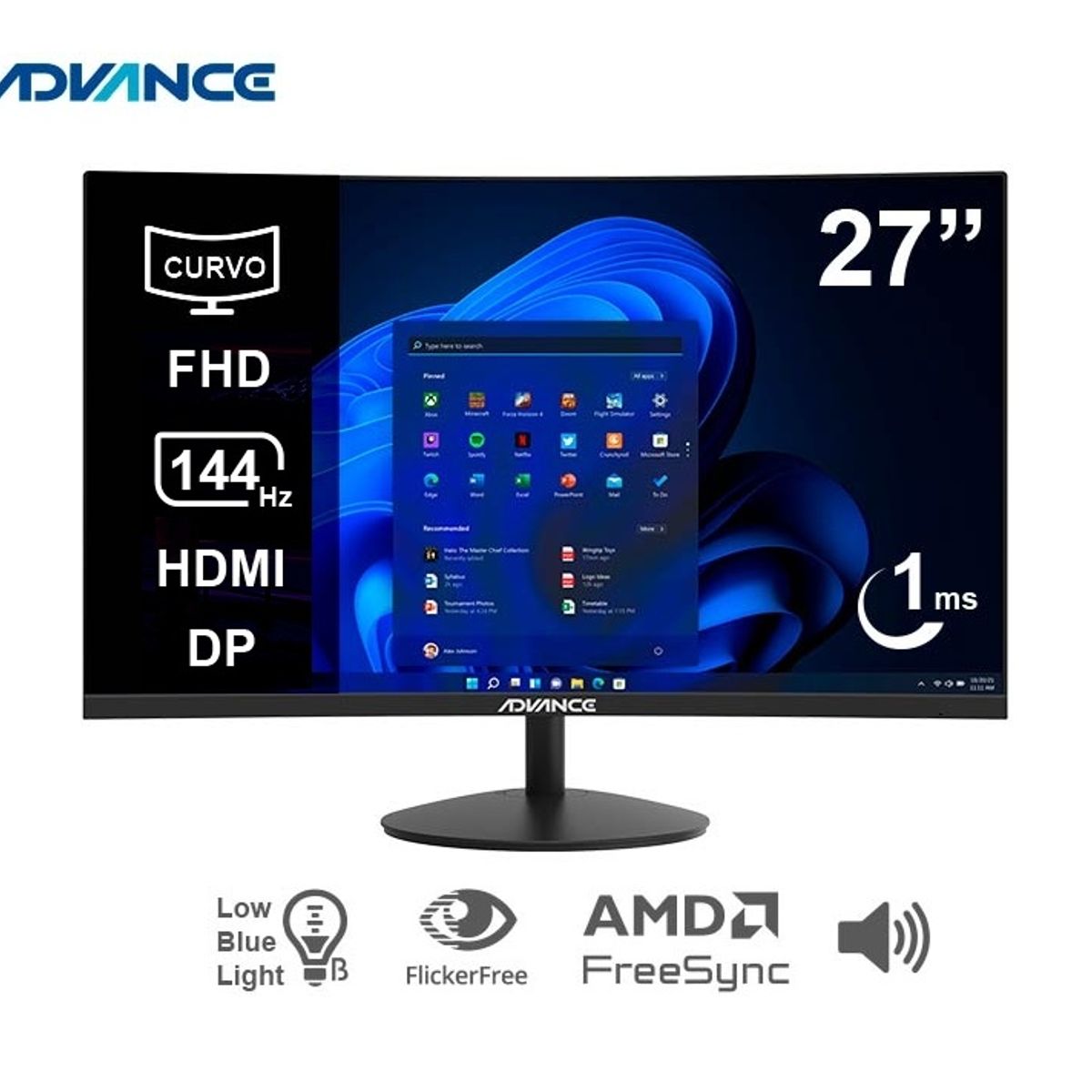 ADVANCE - Monitor Advance ADV-2752S, 27 Curvo FHD VA, 144Hz, 1ms, Parlante
