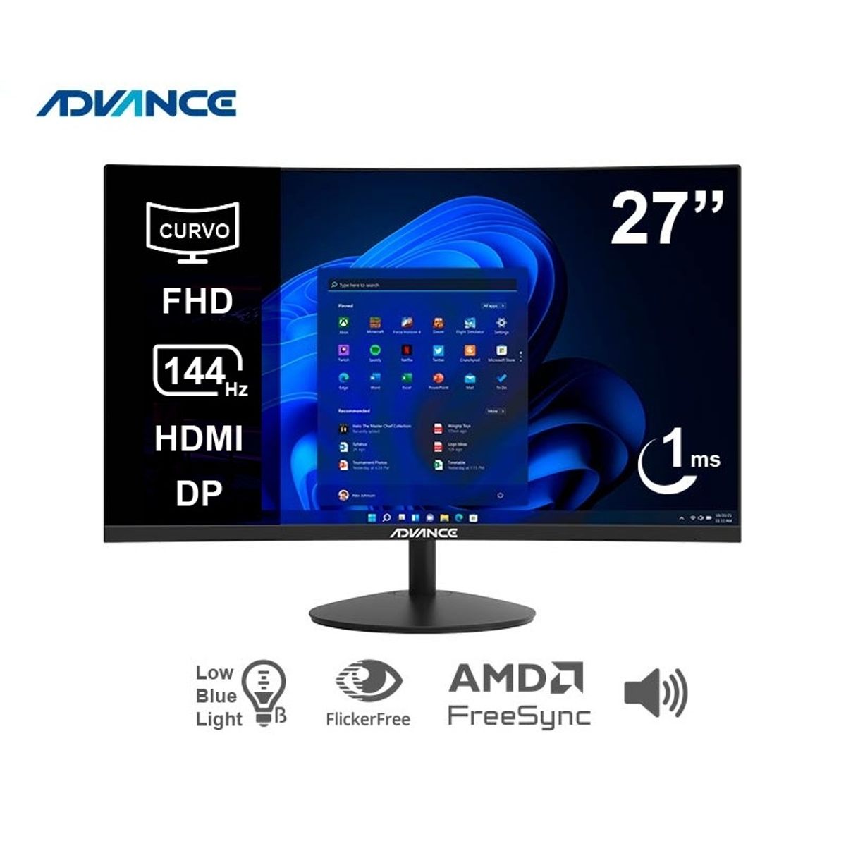ADVANCE - Monitor Advance ADV-2752S, 27 Curvo FHD VA, 144Hz, 1ms, Parlante