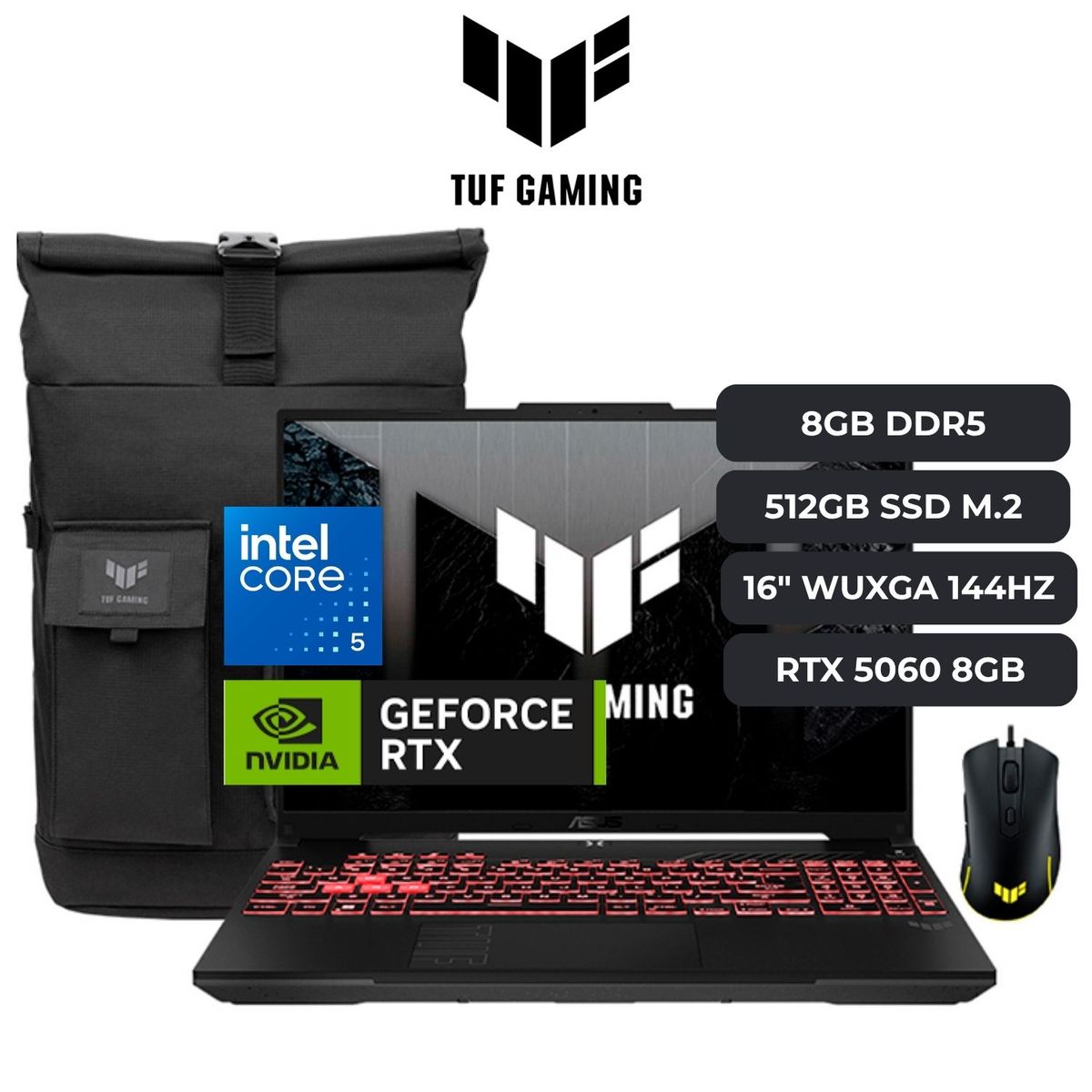 ASUS - Laptop Asus TUF F16 CORE 5 210H, RTX 3050 6GB, 8GB RAM, 512GB SSD, 16" WUXGA 144HZ, MOCHILA Y MOUSE
