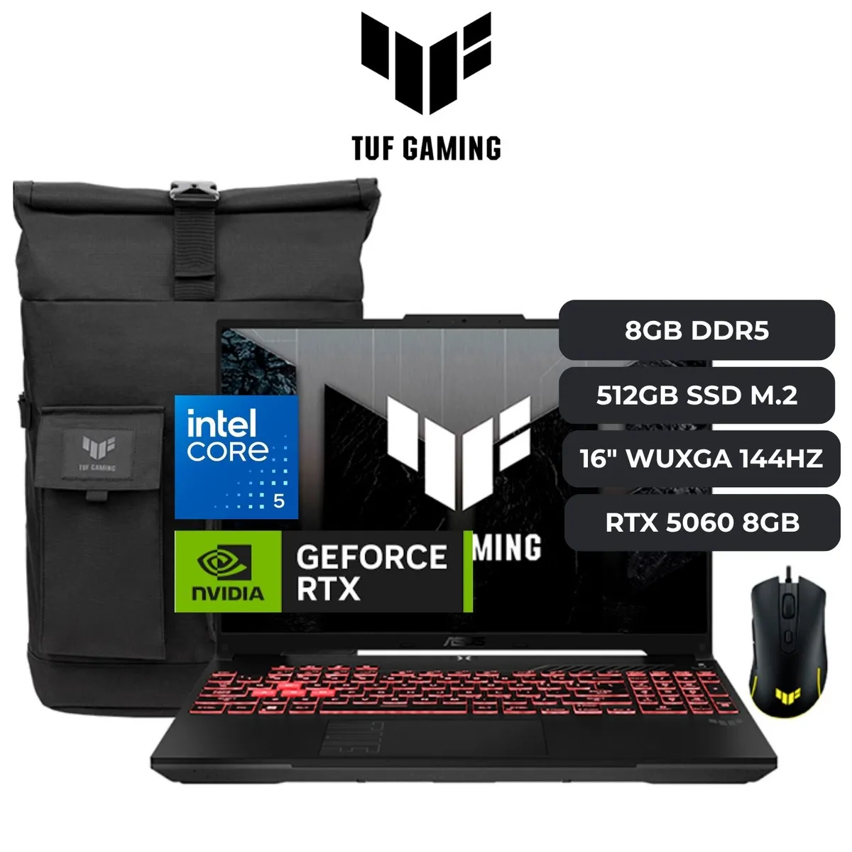 ASUS - Laptop Asus TUF F16 CORE 5 210H, RTX 3050 6GB, 8GB RAM, 512GB SSD, 16" WUXGA 144HZ, MOCHILA Y MOUSE