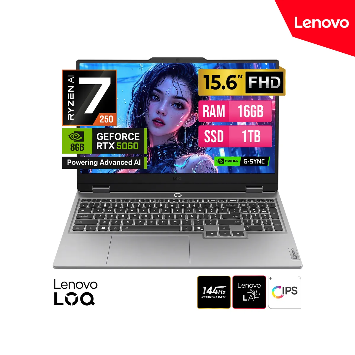 LENOVO - LAPTOP LENOVO LOQ 15ARP10 AMD RYZEN IA 7 250 15.6 IPS FHD 144Hz 16GB DDR5 1TB RTX 5060 8GB FreeDOS