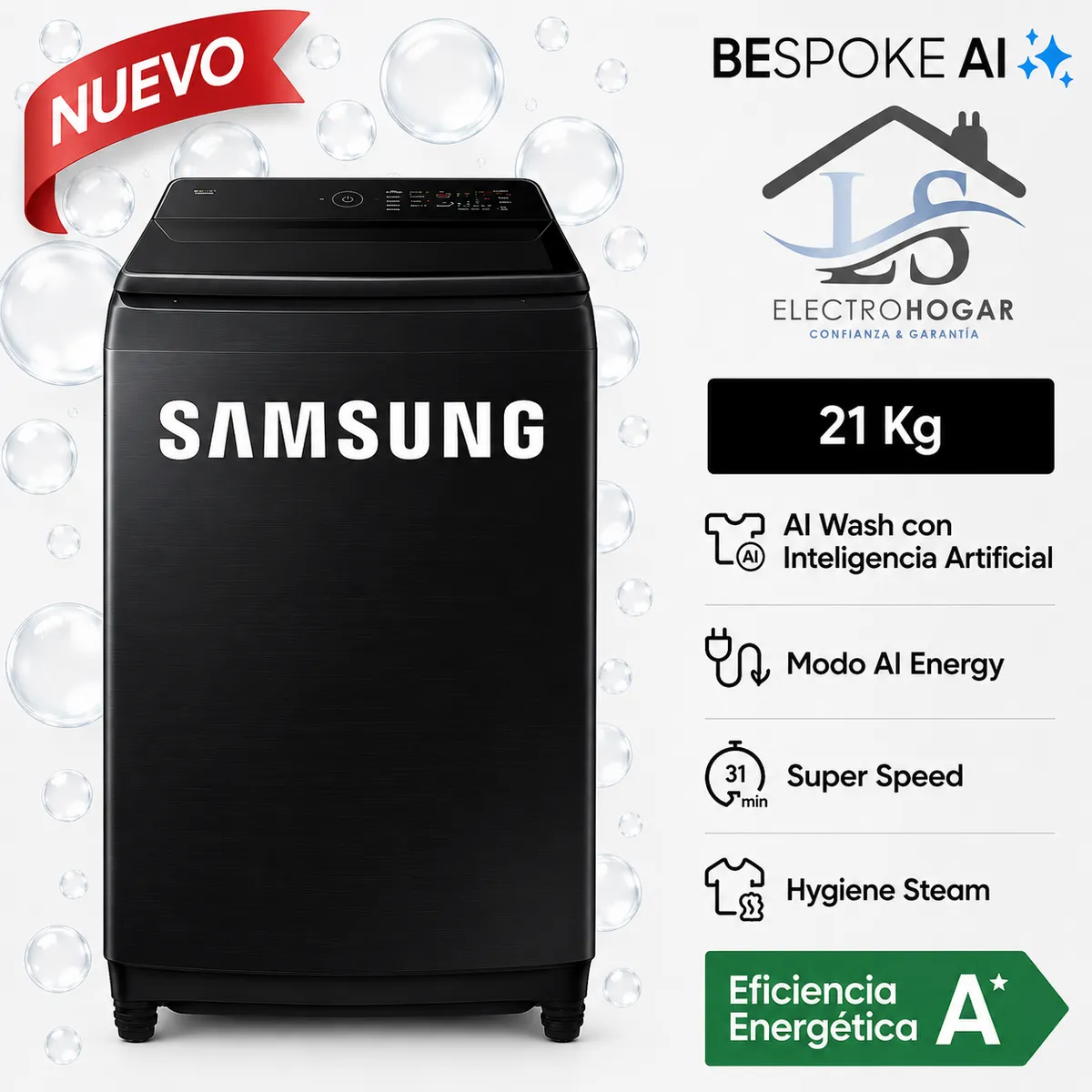SAMSUNG - Lavadora AI Wash Ecobubble 21KG WA80F21B9BPE