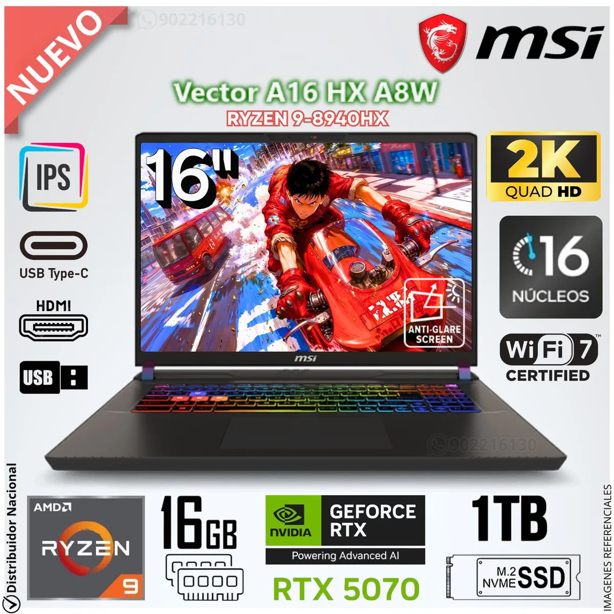 Msi - Laptop Gamer MSI Vector A16HX 16" 240hz Ryzen™ 9 8940HX 16GB DDR5 1TB SSD RTX™ 5070 Ti