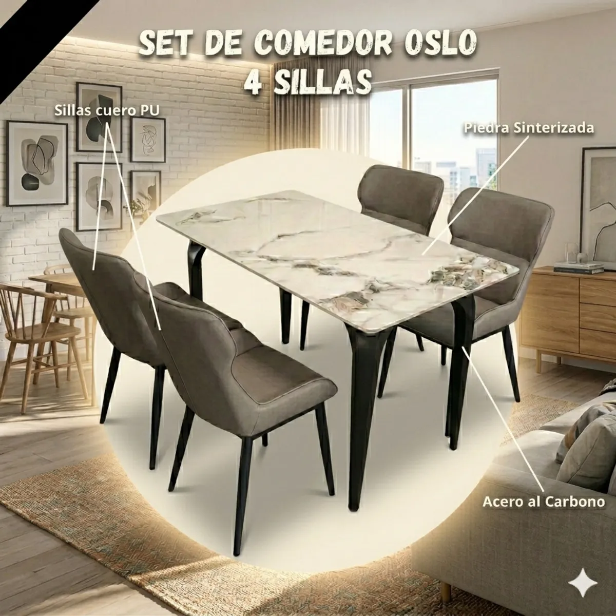 MIN CITY HOME - Comedor Nórdico con 4 sillas (140cm x 80cm)