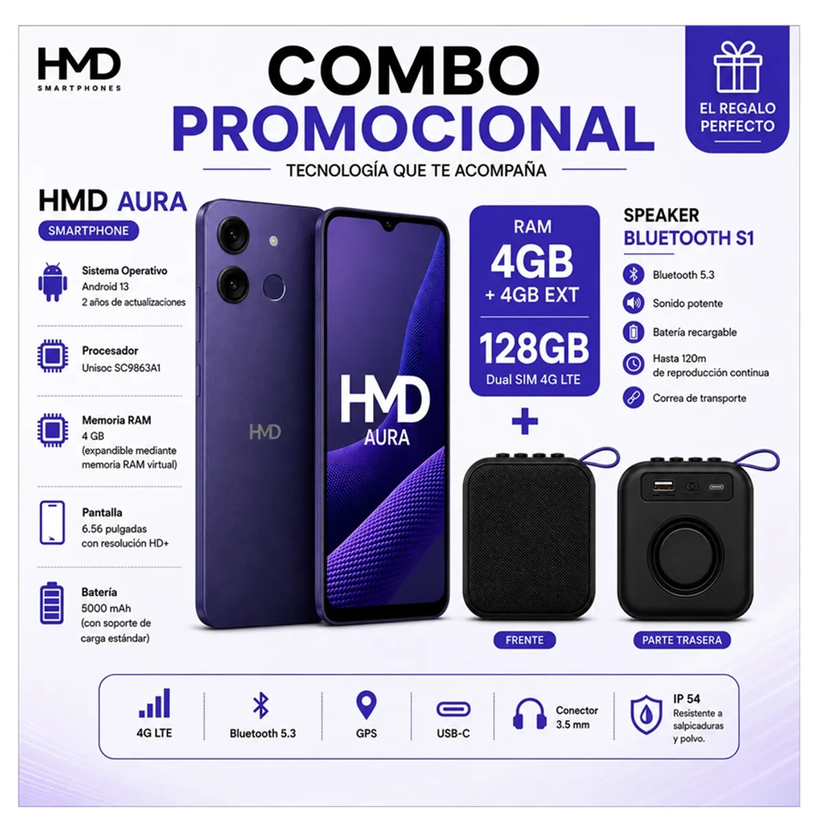 GENERICO - COMBO SMART HMD Aura + SPEAKER BLUETOOTH 8GRAM (4+ 4GB EXT)+ 128GB/ IP 54/ 6.56" / Batery 2 Days