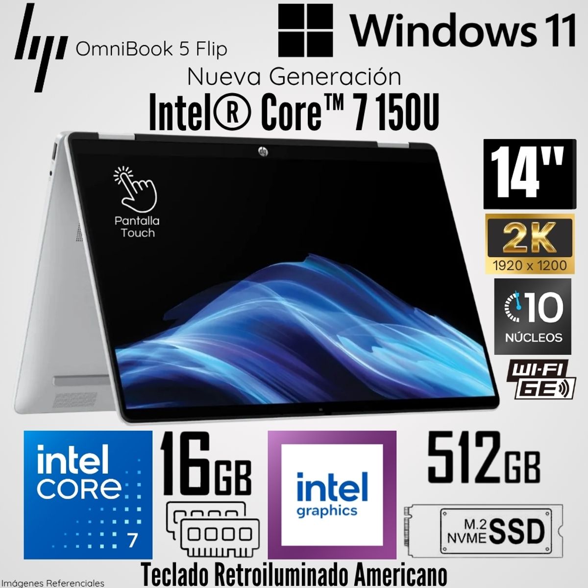 HP - Laptop HP OmniBook 5 Flip 14-FP0023DX Intel Core 7 150U 16GB RAM 512GB SSD 14"  2K Táctil - Plateado