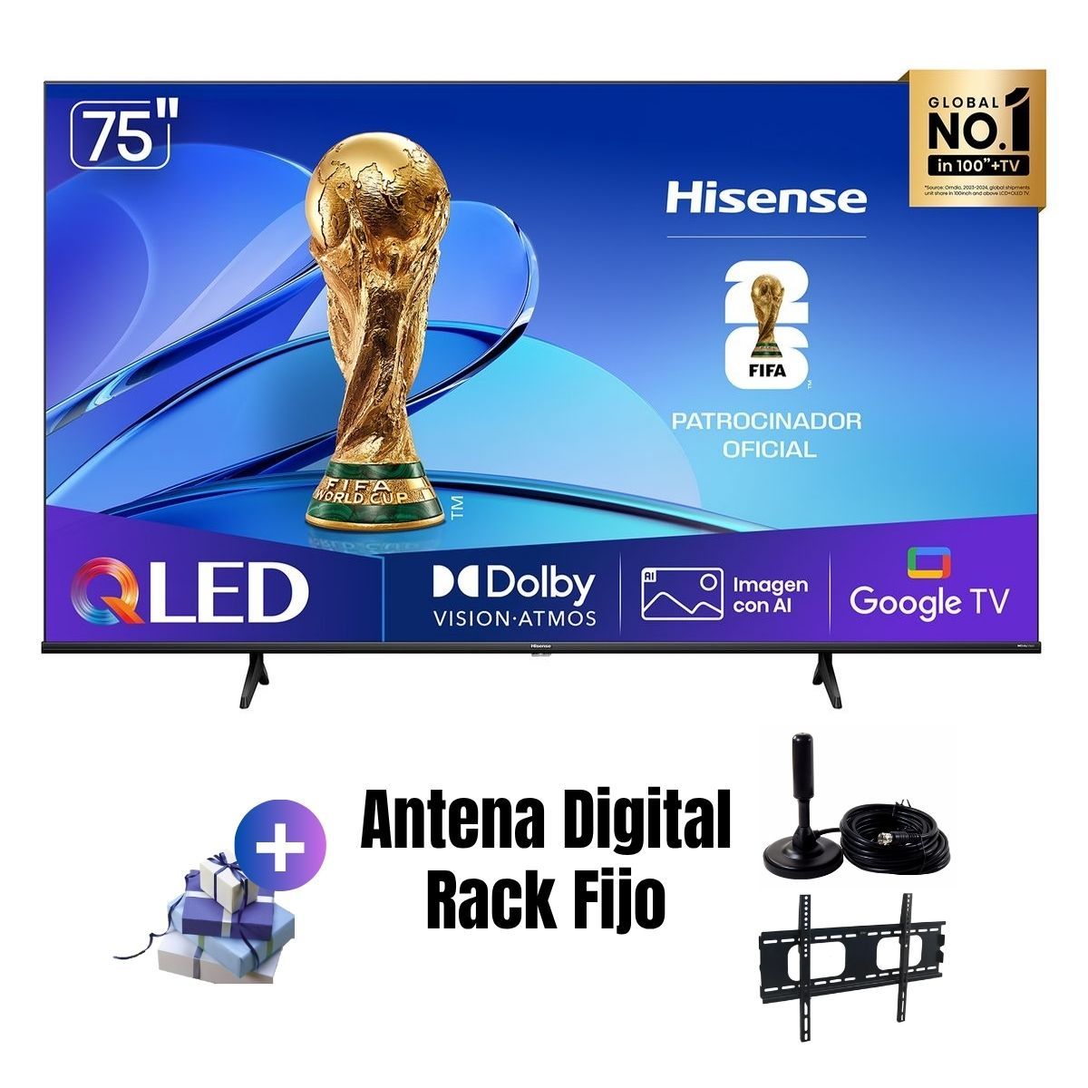 Hisense - Televisor Smart TV 75'' QLED UHD 4K 75QD6N GoogleTV 2025 + Ant + Rack Fijo