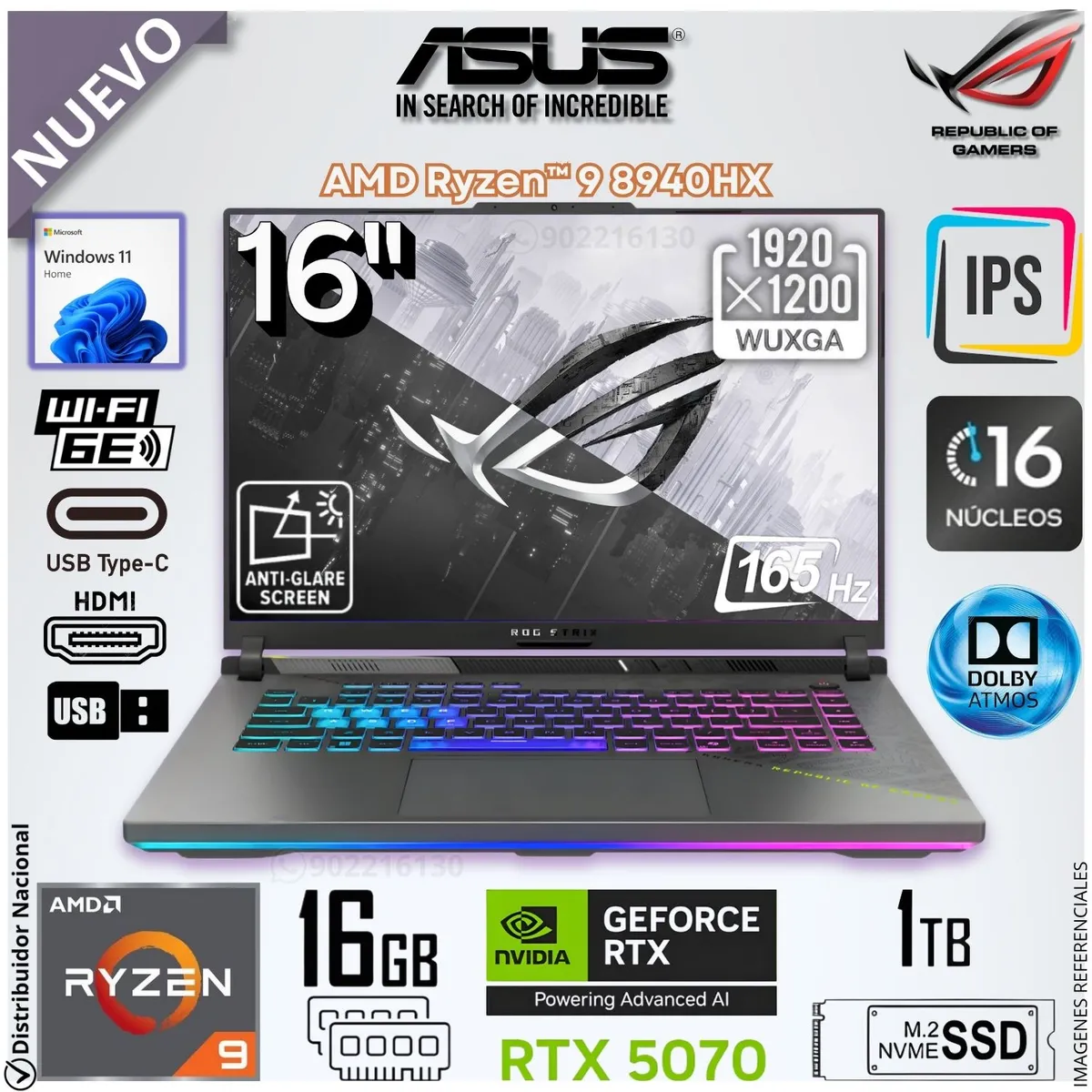 ASUS - Laptop Gamer Asus ROG STRIX G16 Ryzen 9-8940HX 16GB RAM 1TB SSD RTX5070-8GB 16FHD+ 165HZ G614P-WH94