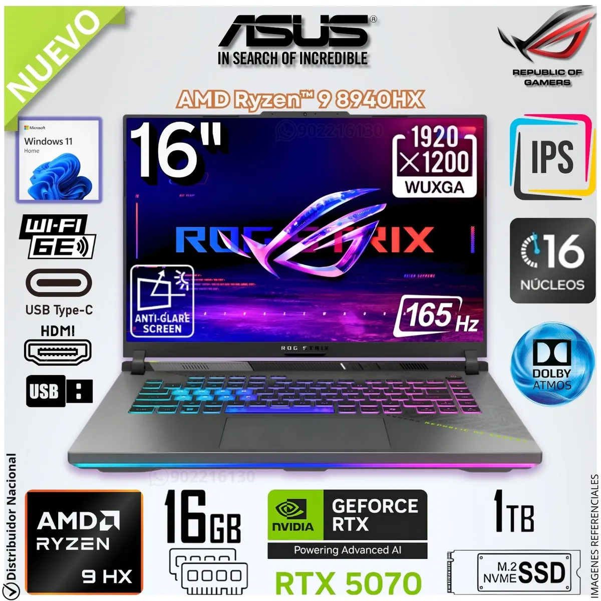 ASUS - Laptop Gamer Asus ROG STRIX G16 Ryzen 9-8940HX 16GB RAM 1TB SSD RTX5070-8GB 16FHD+ 165HZ G614P-WH94.