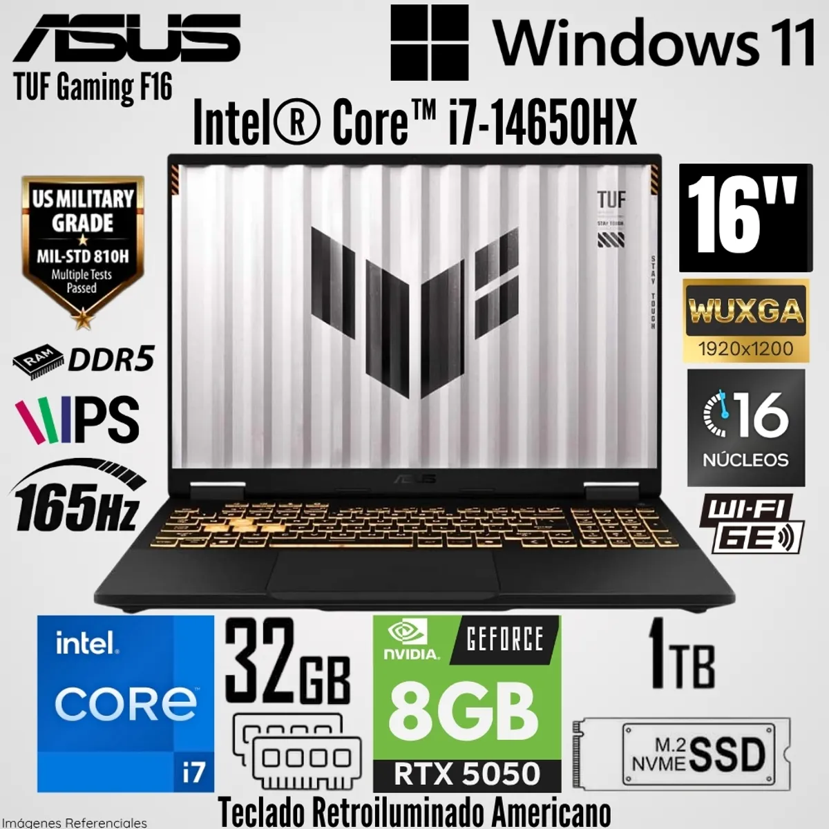 ASUS - Laptop Asus TUF Gaming F16 FX608JMR Intel Core i7-14650HX 32GB RAM 1TB SSD RTX 5060-8GB 16"  WUXGA