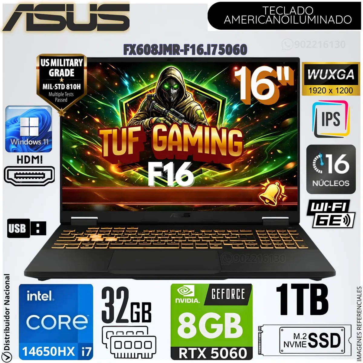 ASUS - Laptop Asus TUF Gaming F16 FX608JMR Intel Core i7 14650HX 32GB RAM 1TB SSD RTX 5060-8GB 16 WUXGA