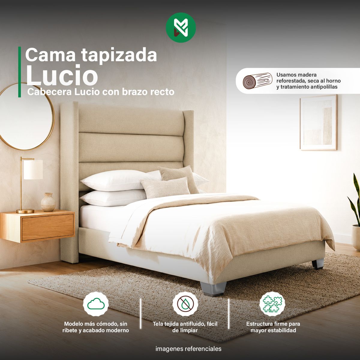 MUEBLES MACRUMO - Cama tapizada Lucio brazo recto - 1,5plz - Beige claro