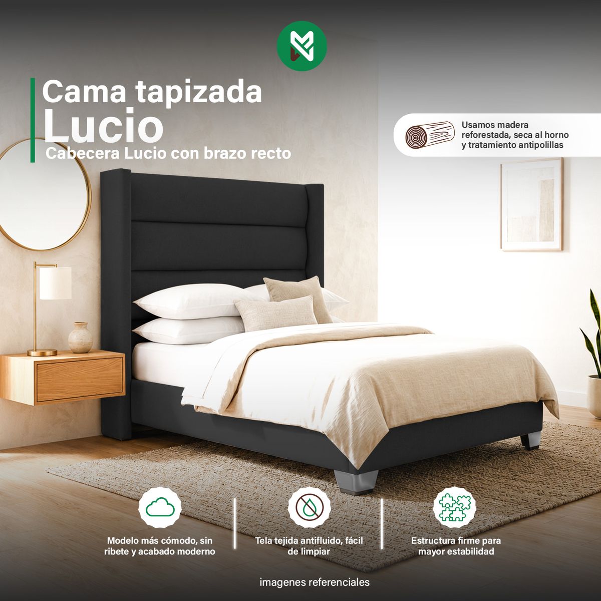 MUEBLES MACRUMO - Cama tapizada Lucio brazo recto - 1,5plz - Rosado