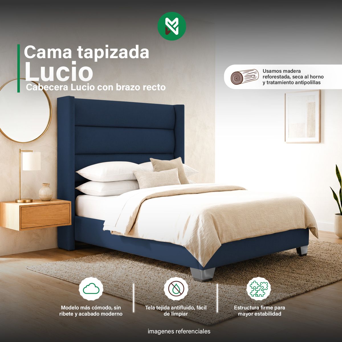 MUEBLES MACRUMO - Cama tapizada Lucio brazo recto - Queen - Azul