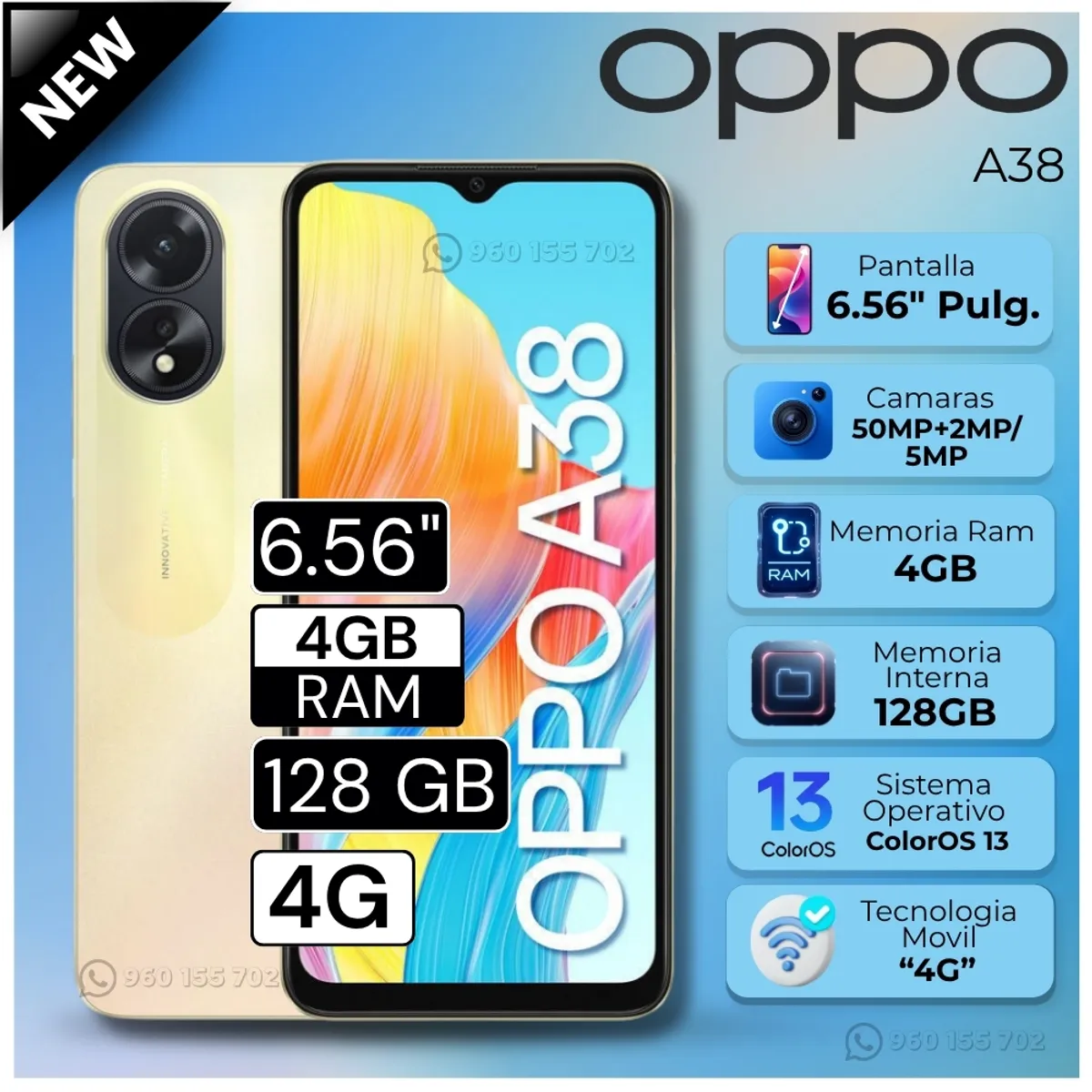 OPPO - Celular Oppo A38 6.56"  Pulg. 4GB RAM 128GB ColorOS 13.1 - Dorado