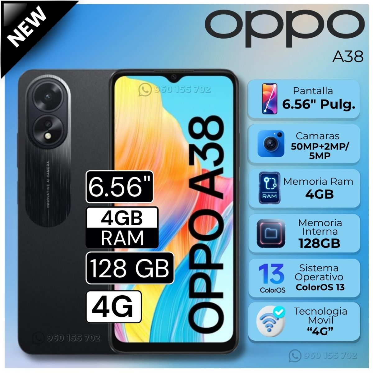 OPPO - Celular Oppo A38 6.56"  Pulg. 4GB RAM 128GB ColorOS 13.1 - Negro