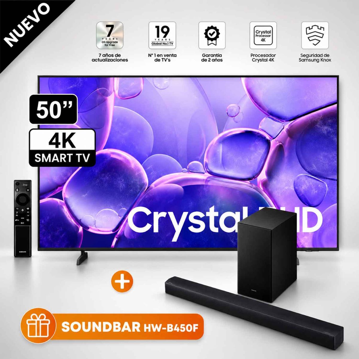 SAMSUNG - Televisor Samsung 50 Pulg Crystal 4K UHD UN50U8000FGXPE Smart TV Modelo Nuevo + Soundbar HW-B450F