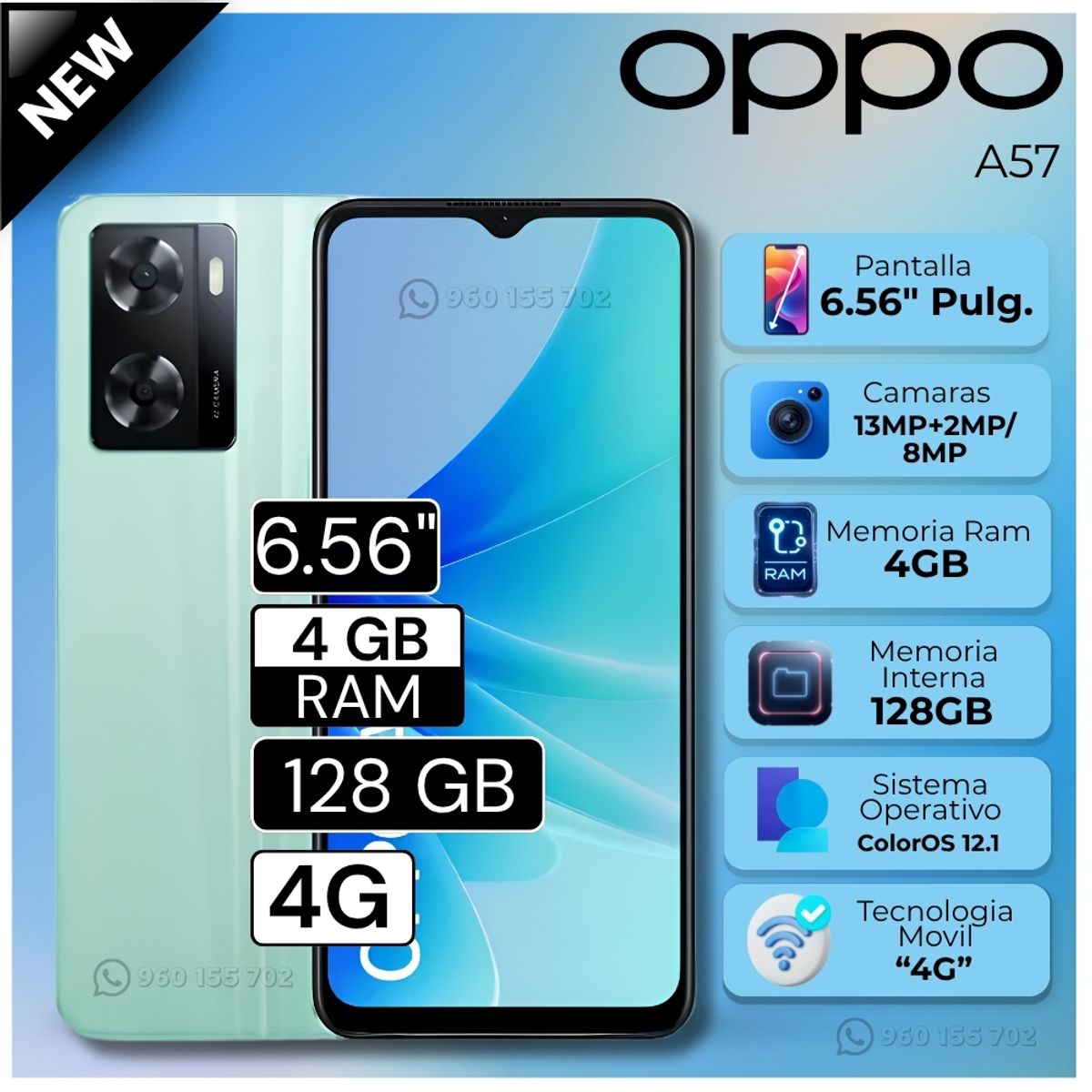 OPPO - Celular Oppo A57 6.56"  Pulg. 4GB RAM 128GB ColorOS 12.1 - Verde