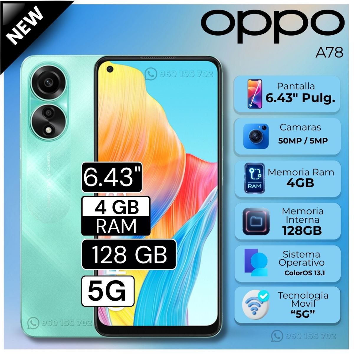 OPPO - Celular Oppo A78 5G  6.43"  Pulg. 4GB RAM 128GB ColorOS 13.1 - Azul