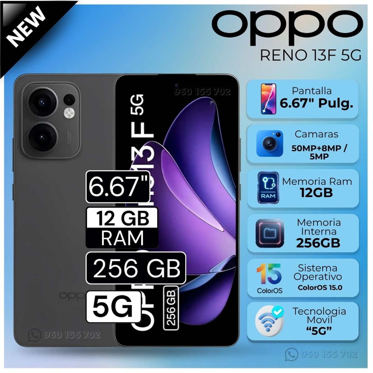 OPPO - Celular Oppo Reno 13F 5G  6.67"  Pulg. 12GB RAM 256GB ColorOS 15.0 - Gris