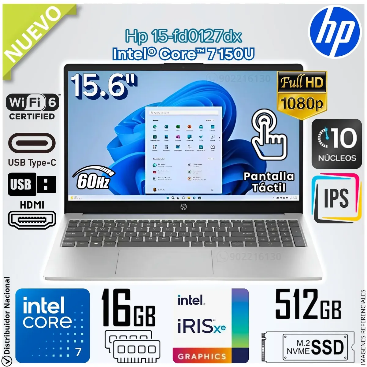 HP - Laptop HP 15-FD0127DX 15.6" FHD Touch Screen IPS Intel® Core™ 7 150U 16GB RAM 512GB SSD - B4HN8UA