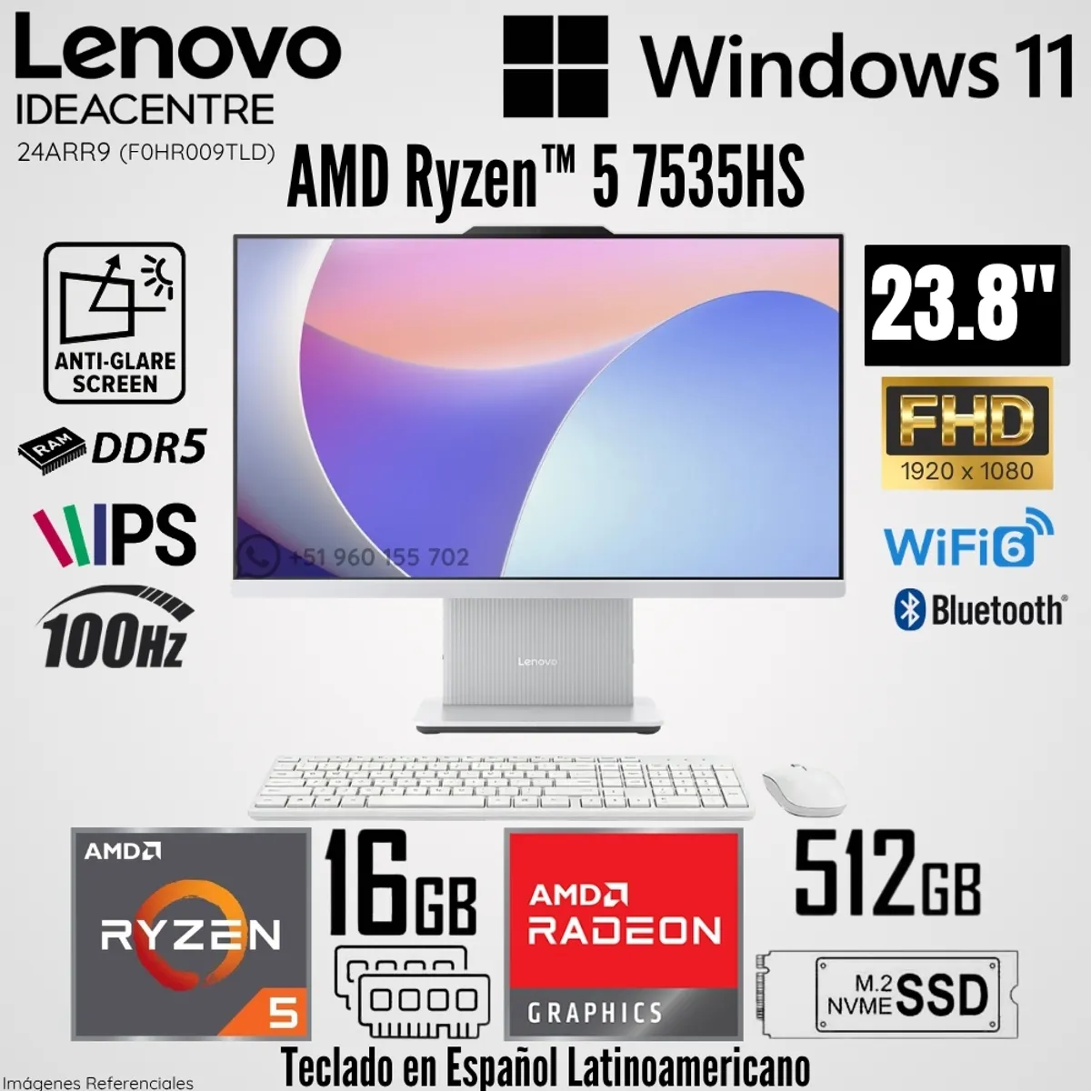 All in One Lenovo IdeaCentre 24ARR9 AMD Ryzen 5 7535HS 16GB RAM 512GB 23.8"  FHD 100Hz, marca LENOVO - Foto Principal