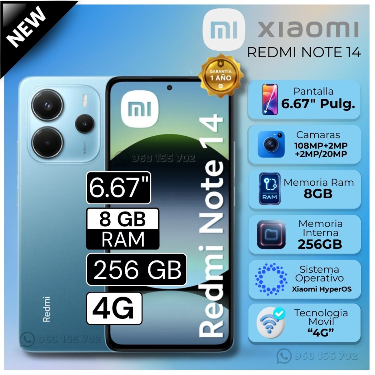 XIAOMI - Celular Xiaomi Redmi Note 14 8GB RAM 256GB 6.67"  Pulg. Xiaomi HyperOS -  Ocean Blue