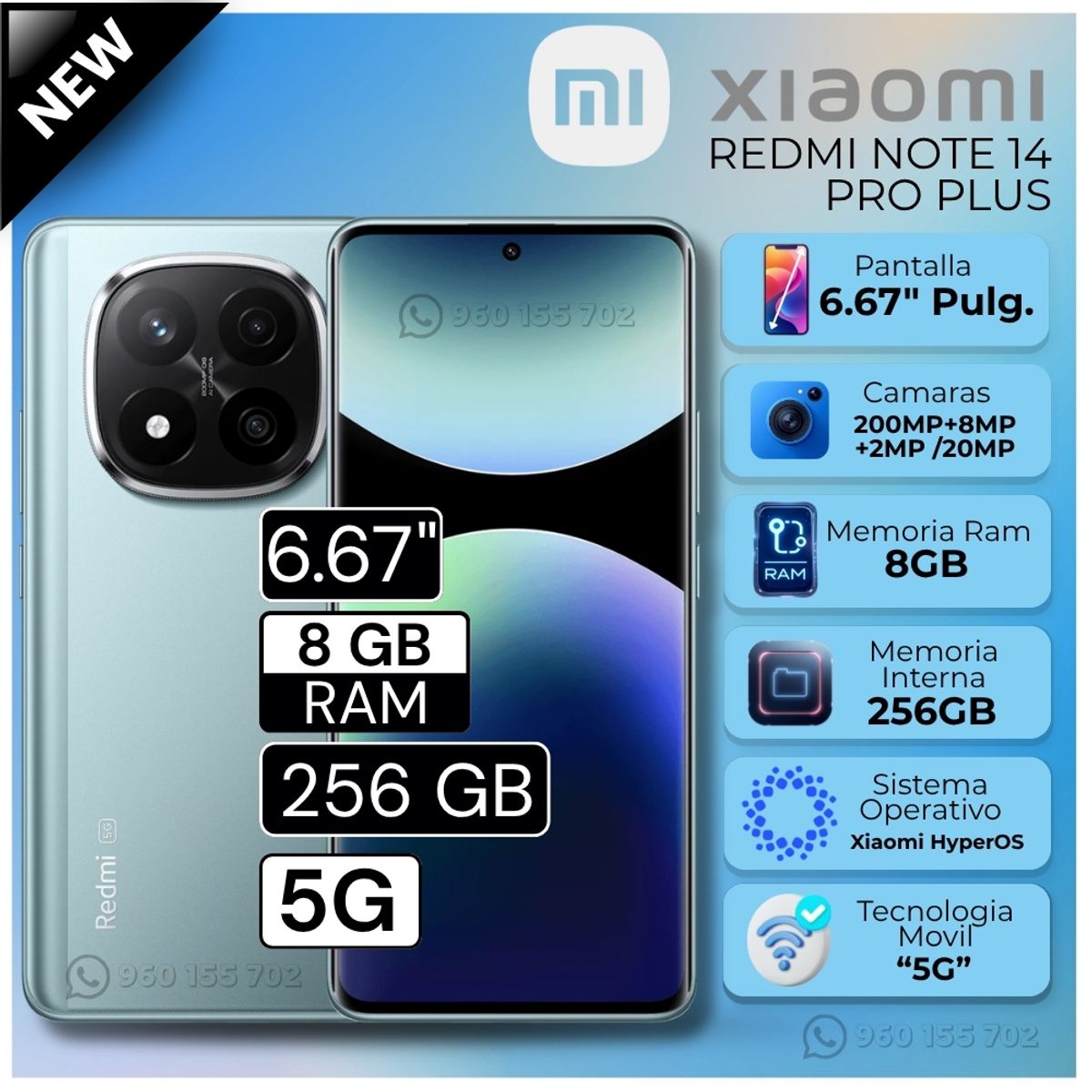 XIAOMI - Celular Xiaomi Redmi Note 14 Pro Plus 6.67"  Pulg. 8GB RAM 256GB Xiaomi HyperOS - Azul Escarcha