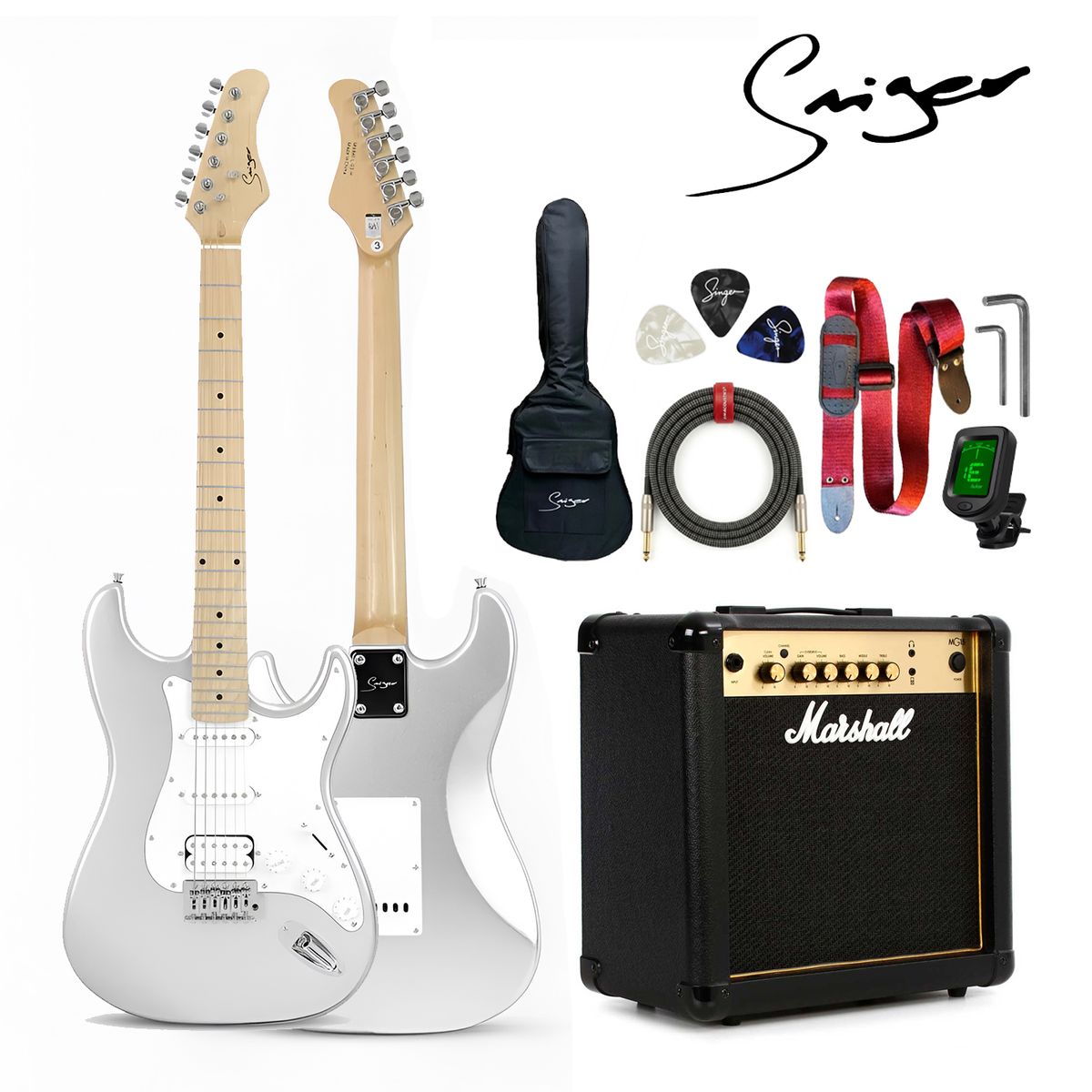 Marshall - Pack Completo de Guitarra Eléctrica Smiger L G2 H Plateado y Amplificador Marshall MG15