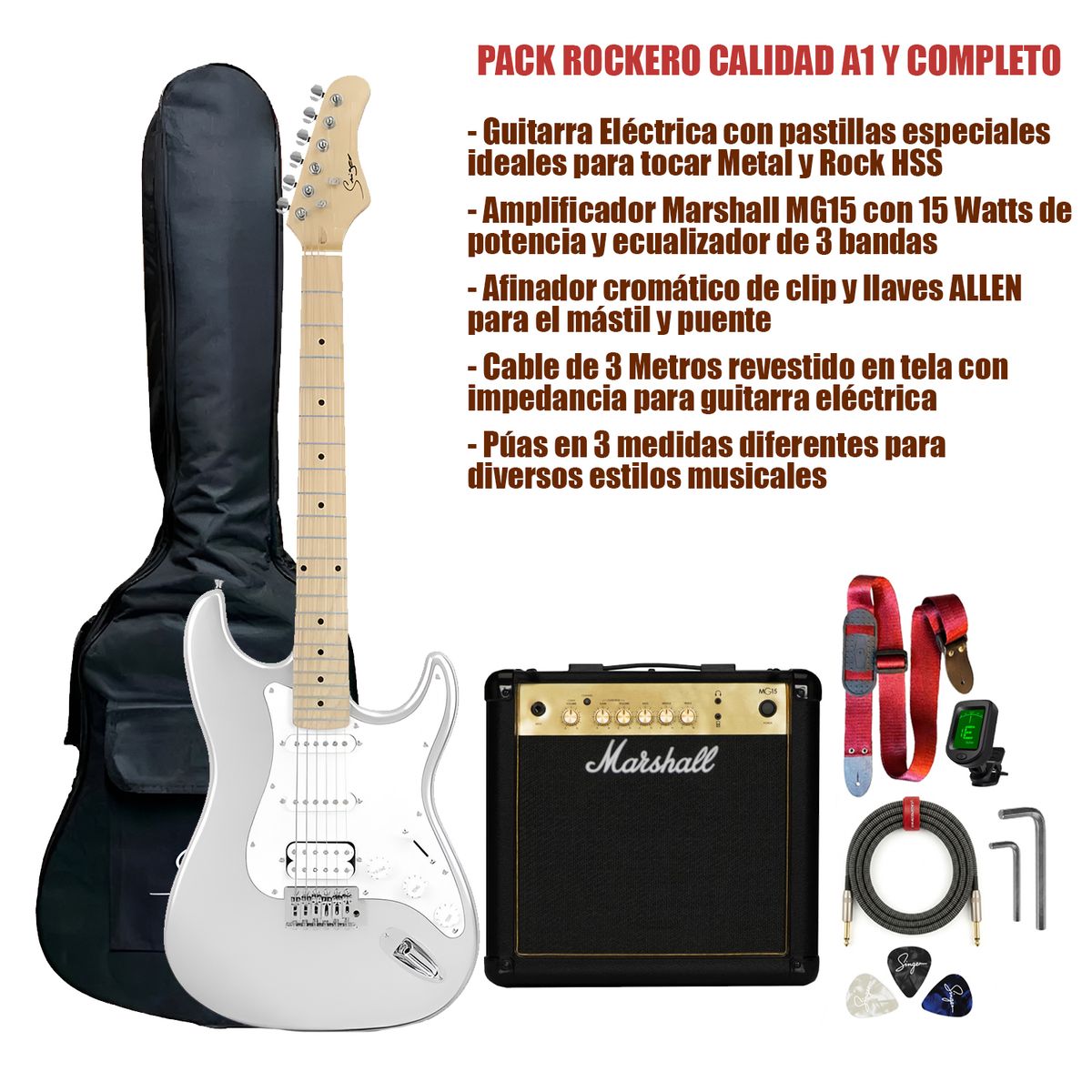 Marshall - Pack Completo de Guitarra Eléctrica Smiger L G2 H Plateado y Amplificador Marshall MG15