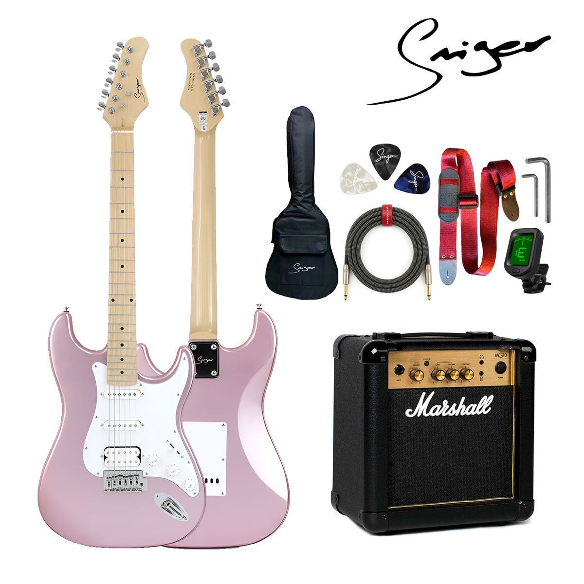 Marshall - Pack Completo de Guitarra Eléctrica Smiger L G2 H Rosado y Amplificador Marshall MG10