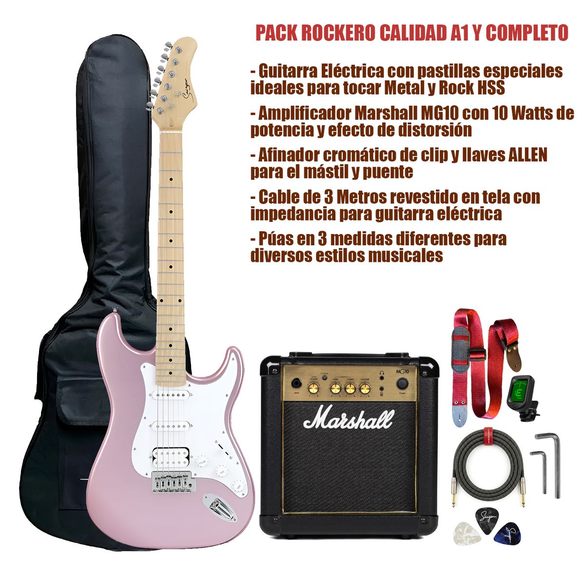 Marshall - Pack Completo de Guitarra Eléctrica Smiger L G2 H Rosado y Amplificador Marshall MG10