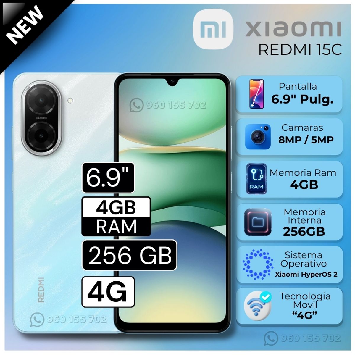 XIAOMI - Celular Xiaomi Redmi 15C 6.9"  Pulg. 4GB RAM 256GB Xiaomi HyperOS 2 -  Verde Menta