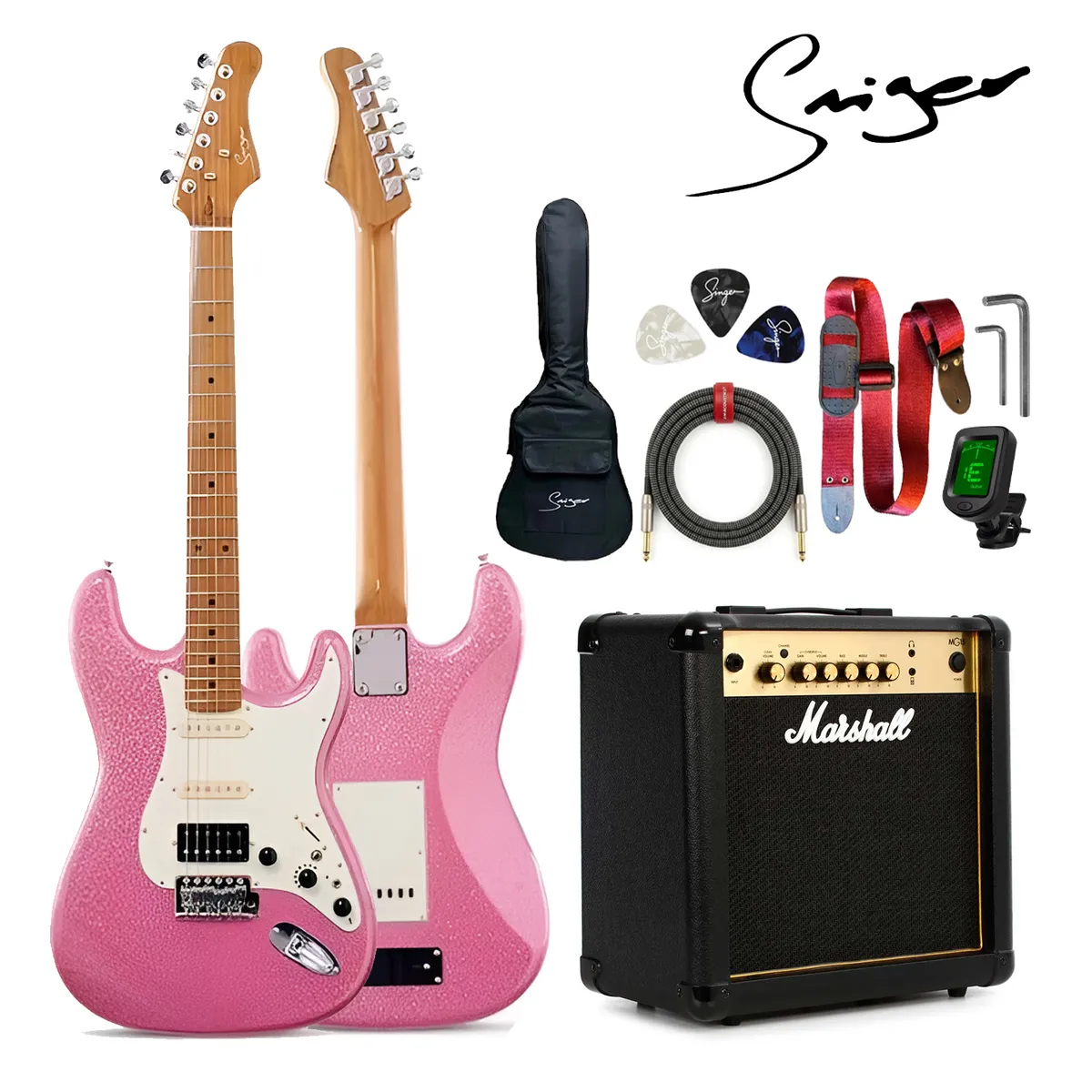 Marshall - Pack Completo de Guitarra Eléctrica con Efectos Smiger L G2 i3 Rosado y Amplificador Marshall MG15