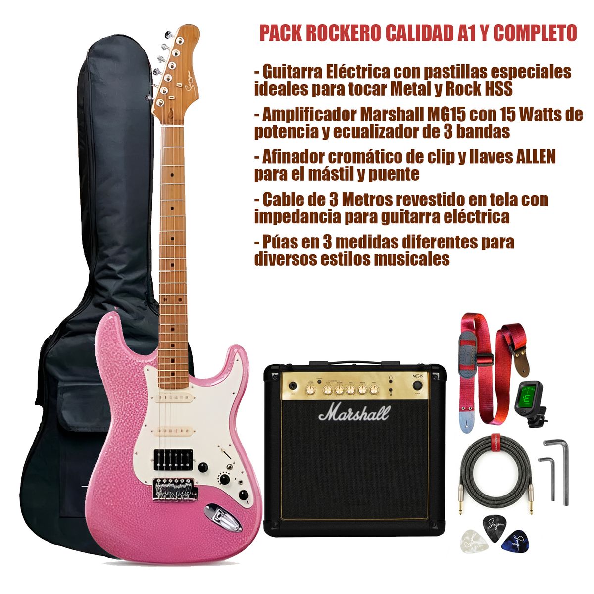 Marshall - Pack Completo de Guitarra Eléctrica con Efectos Smiger L G2 i3 Rosado y Amplificador Marshall MG15