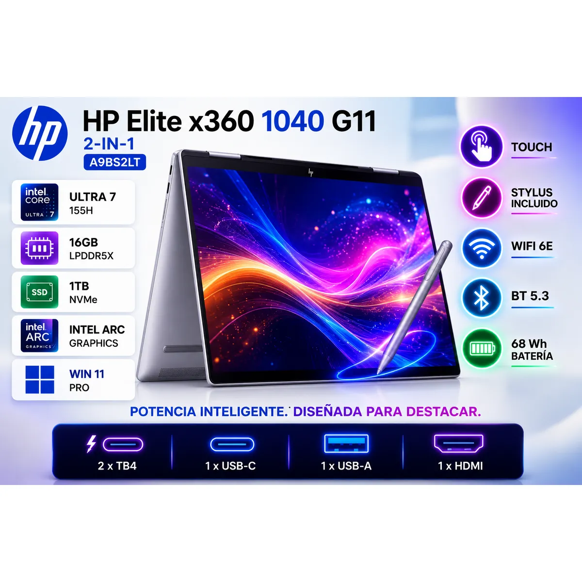 HP - Laptop HP Elite x360 1040 G11 2-in-1 Intel Core Ultra 7 155H 16GB 1TB SSD Touch + Stylus