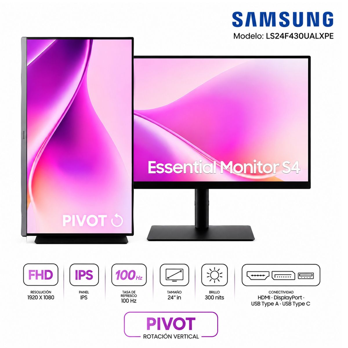 SAMSUNG - Monitor 24 SAMSUNG S24F430UAL Plano FHD IPS USB-C