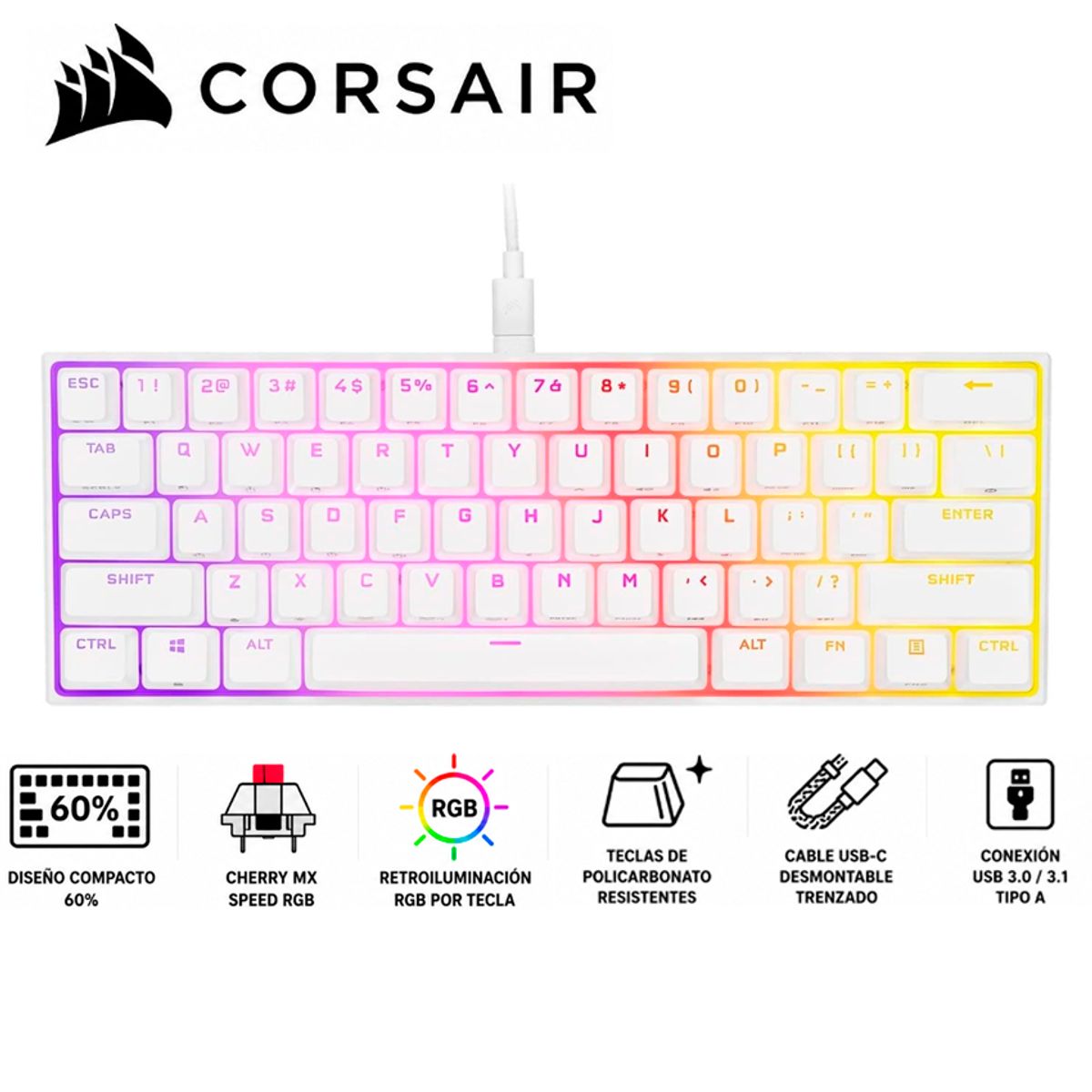 CORSAIR - Teclado Gamer Corsair K65 RGB Mini 60% Cherry MX Speed Blanco